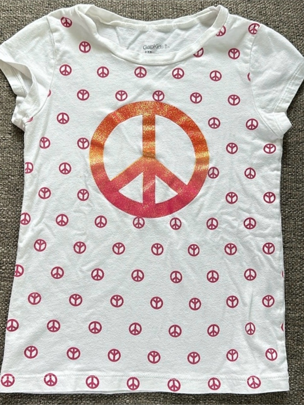 GapKids Girls Glitter Peace Sign Graphic T-Shirt White Orange Pink Size S 6-7